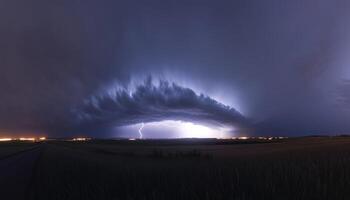 Lightening strike from dark cloud sky, electrical energy splashing photo