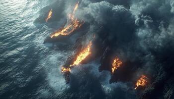 Lava flow from volcanic magma exploding activity on an island photo