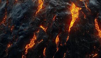 Lava flow with fire from volcanic magma exploding activity on an island photo