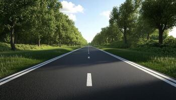 Road asphalt perspective with plant on side with white mark line photo