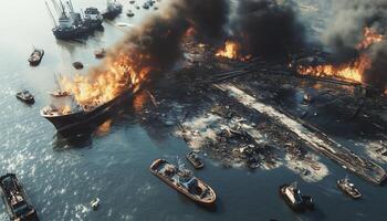 Harbor nature disaster impact with fire and smoke for transportation photo
