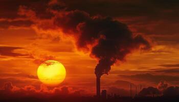 Sunset deep and smoke from industrial chimney with silhouette orange sky view photo