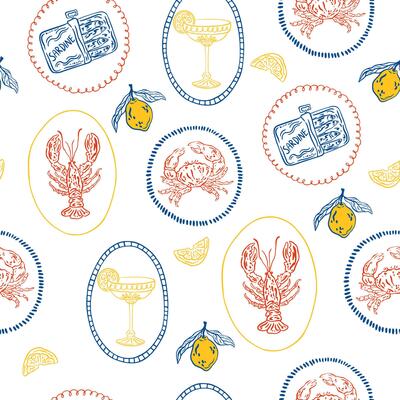 Hand drawn summer Mediterranean vacation seamless pattern. Italy la dolce vita coast food coastal print, wrap paper, retro fabric, textile design. Doodle sketch crayon drawing style illustration.