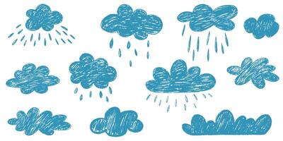 Crayon drawn kids clouds set. Hand drawn various cloud shapes. Childish doodle naive icons pastel texture. Naive style childish elements isolated on white background vector