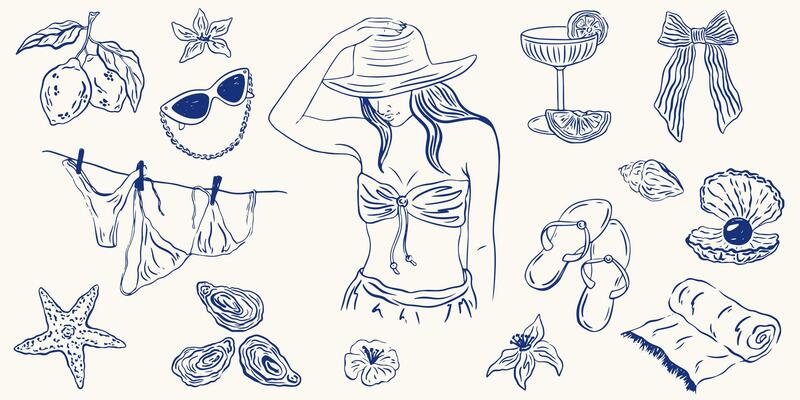 Hand drawn Italian summer vacation illustration set. Palm tree, lemon, cocktails and seashells in doodle sketch style. Sea weekend or rest collection for invitations to beach party,. wedding, picnic.