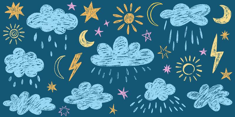 Crayon drawn kids clouds stars and cute moon set. Hand drawn various cloud shapes. Childish doodle naive icons pastel texture. Naive style childish elements isolated on blue background