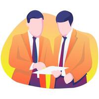 Flat Illustration of Two Male Office Workers Discussing Business Document vector