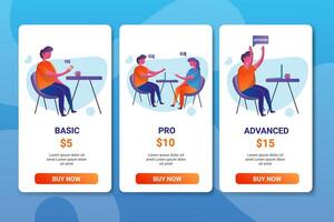 Colorful Pricing Table UI with Subscription Plans for Basic, Pro, and Advanced Options vector