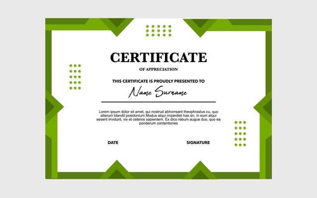 Certificate of appreciation with green geometric shapes.