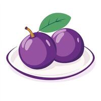 Two plums on a plate with leaves on a white background vector