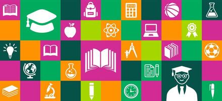 back to school education geometric shape college pattern background. A vibrant collection of minimalist white silhouette icons representing various academic vector