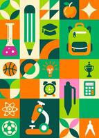 back to school education geometric shape college pattern background. A vibrant collection of minimalist white silhouette icons representing various vector