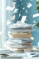 Stacked chaos of paperwork and notifications creates a vivid representation of modern information overload photo