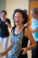 Joyful adults explore new dance styles in a lively and welcoming atmosphere during a casual evening class photo