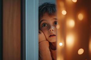 Child expressing fear while peeking behind parent at a Halloween party, showcasing common childhood phobias and reactions to spooky events photo