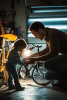 Father and child bond while fixing a bicycle together in the warm glow of a garage light photo