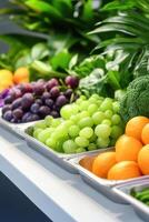 Vibrant buffet showcasing an array of fresh plant-based dishes in an inviting, colorful display for healthy dining experiences photo