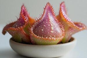 Vibrant Cephalotus displaying intricate textures and colors in a minimalistic home setting photo