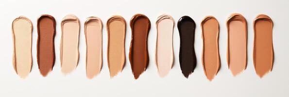 Exploring a variety of foundation swatches on diverse skin tones arranged on a white background photo