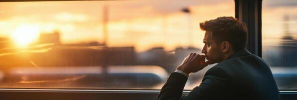 Businessman enjoys a moment of reflection while commuting home on a train at sunset after a long day at work photo