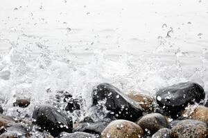 Powerful waves crash against rugged rocks, capturing the essence of motivation and energy in natures raw beauty photo