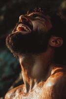 Passionate person expressing joy in a serene natural setting under soft sunlight photo