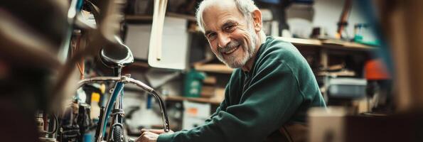 Smiling retired man focuses on restoring vintage bike in his garage workshop filled with tools and memories photo
