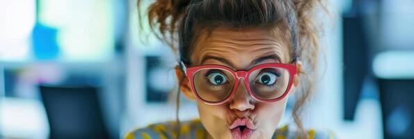 Receptionist brings humor to the workplace with funny glasses and amusing expressions photo