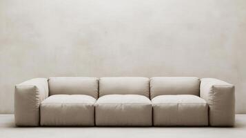 Neutral-toned sofa with minimalistic design against a plain wall in a spacious interior setting photo