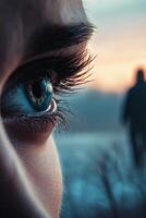 Tearful eyes reflect deep longing as a partner fades into the distance at twilight, capturing the essence of love and fear of loss photo