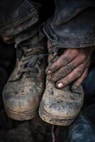 Worn shoes and hands of migrants reflect the struggles of their arduous journey through difficult terrain photo