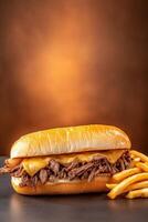 Enjoying a delicious Philly cheesesteak sandwich topped with melted cheese and served with crispy fries photo