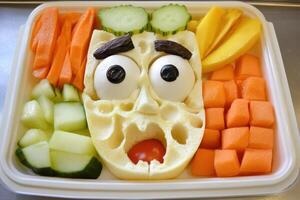 Surprising school lunch with a playful face made from fruits and vegetables evokes funny reactions photo