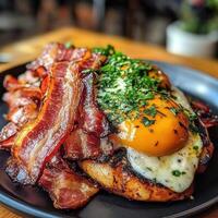 Celebrate National Bacon Day with a delicious stack of crispy bacon and eggs photo