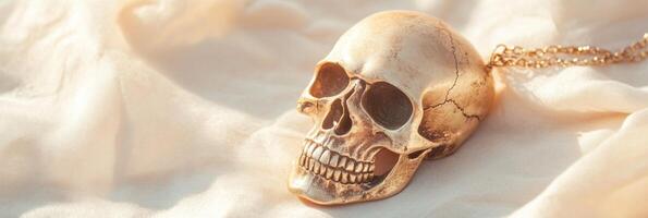 Vintage skull pendant showcasing unique gothic charm and intricate design, resting gracefully on a soft surface with delicate lighting photo