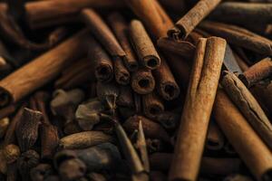 Close-up view of winter spices with cinnamon sticks and whole cloves on a plain background photo