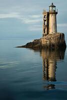 Rippling reflection of a weathered lighthouse on a calm ocean surface at dusk photo