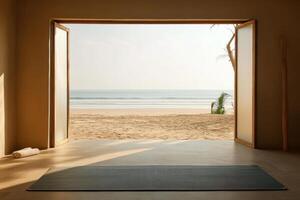 Relaxing yoga space with open door to serene beach and gentle waves photo