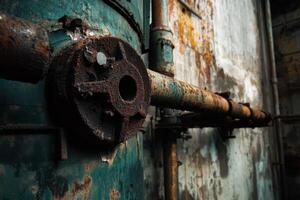 Beautiful details of oxidized metal against a moody industrial background photo