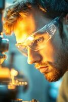 Machinist inspects precision parts with focus and expertise in a busy workshop environment photo