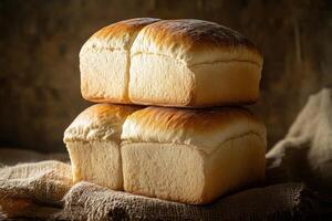 Artisanal loaf of bread stacked on burlap with realistic lighting in studio setting photo