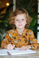 Child expresses emotions through writing in a diary, reflecting on personal thoughts and feelings in a serene environment photo