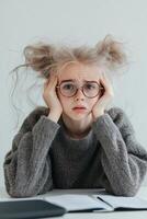 Struggling to juggle multiple tasks with worn-out hair and tired eyes in modern parenting photo