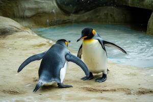 Clumsy penguin steps on partners feet while learning to dance by the water photo