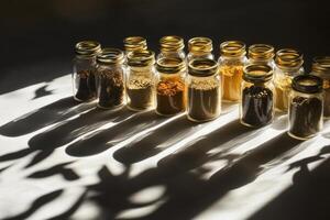 Assorted spices in jars creating captivating shadows with realistic lighting photo