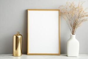 Elegant gold photo frame with blank canvas on light gray background for versatile design possibilities