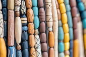 Vibrant geometric bead designs showcasing intricate patterns and textures in a close-up view photo