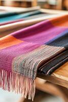 Exquisite craftsmanship displayed with vibrant fabrics in a colorful weaving workshop filled with creativity and tradition photo