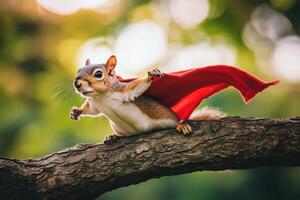 Squirrel in a superhero cape striking a heroic pose on a tree branch in bright scenery photo