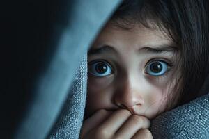 Child expresses fear and anxiety while hiding under a blanket in dimly lit room photo